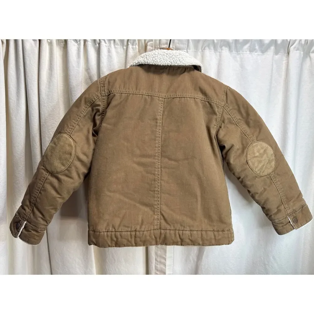 Gymboree Brown Cotton Canvas Sherpa Trim Coat Jacket Boy's Size Medium (7-8)